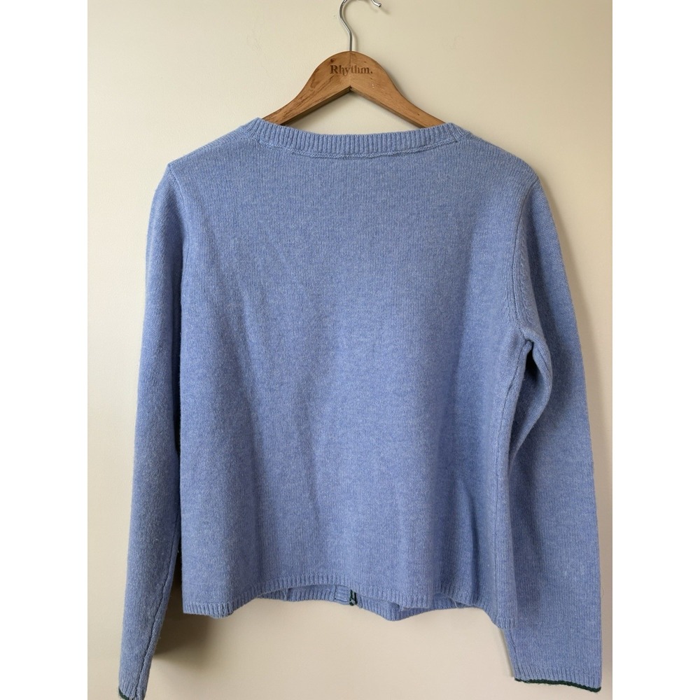 Sundance 100% Extra Fine Merino Wool Cardigan Sweater Blue Green Trim Women's M - Picture 2 of 4
